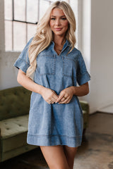 Beau Blue Short Sleeve Collared Patched Pocket Denim Mini Dress Mini Dresses JT's Designer Fashion