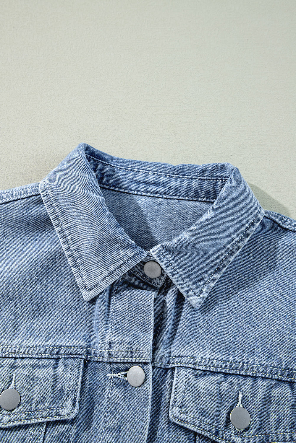 Beau Blue Ruffle Raw Hem Flap Pockets Denim Jacket Denim Jackets JT's Designer Fashion