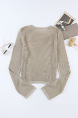 Khaki Hollow-out Knit Long Sleeve Top Long Sleeve Tops JT's Designer Fashion