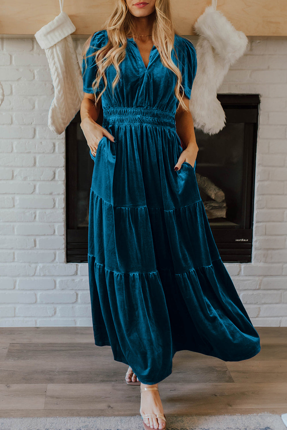 Prussian Blue Velvet Short Sleeve Shirred Waist Tiered Long Dress Prussian Blue 95%Polyester+5%Elastane Maxi Dresses JT's Designer Fashion