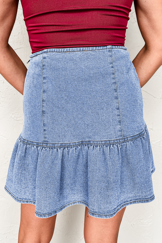 Beau Blue Asymmetric Ruffle Overlay Denim Mini Skirt Skirts & Petticoat JT's Designer Fashion