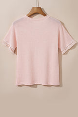 Pink Fringe Trim Textured Short Two Piece Set Short Sets JT's Designer Fashion