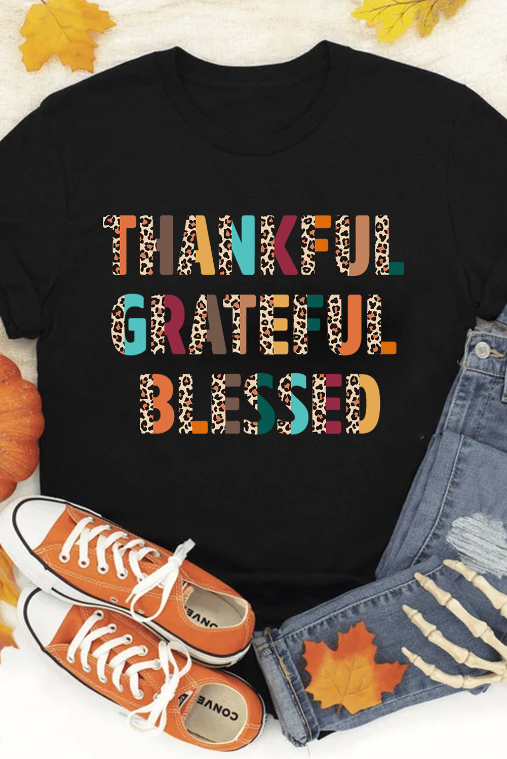 Black Thankful Grateful Blessed Leopard Print Crewneck T Shirt Graphic Tees JT's Designer Fashion