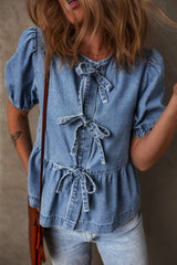 Dusk Blue Tied Front Bubble Sleeve Peplum Denim Shirt Blouses & Shirts JT's Designer Fashion