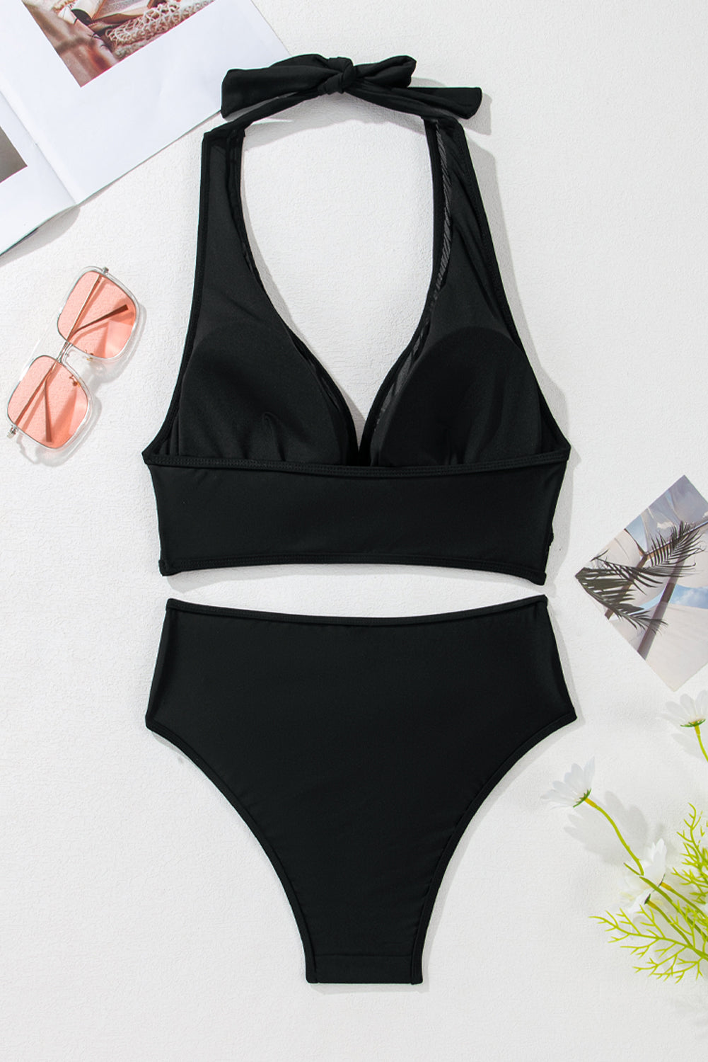 Black Sheer Mesh Edged Halter V Neck Push Up Bikini Bikinis JT's Designer Fashion