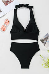 Black Sheer Mesh Edged Halter V Neck Push Up Bikini Bikinis JT's Designer Fashion