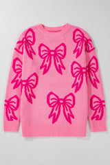 Pink Bow Pattern Drop Shoulder Loose Sweater Sweaters JT's Designer Fashion