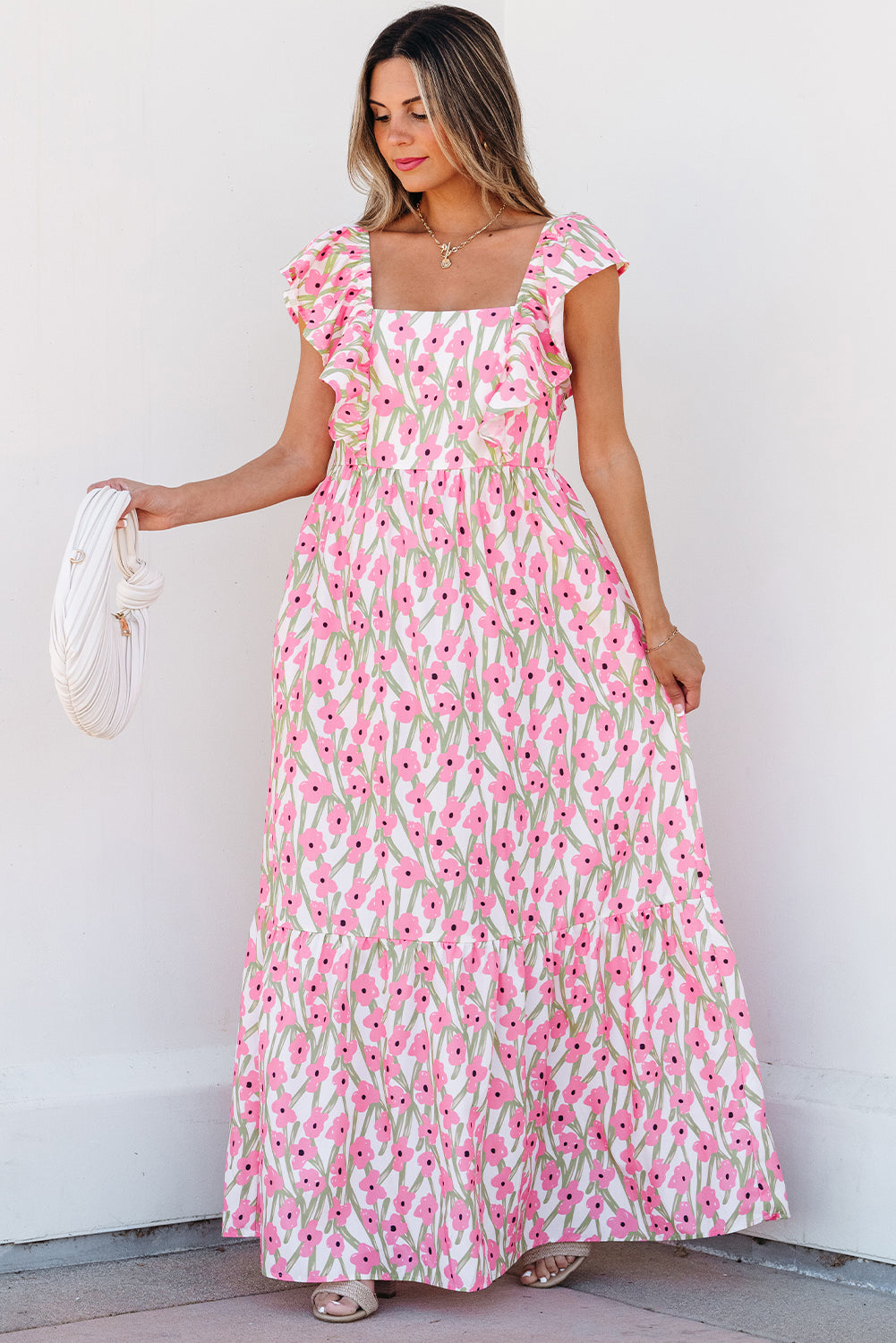 Pink Floral Print Square Neck Ruffled Strap Maxi Dress Floral Dresses JT's Designer Fashion