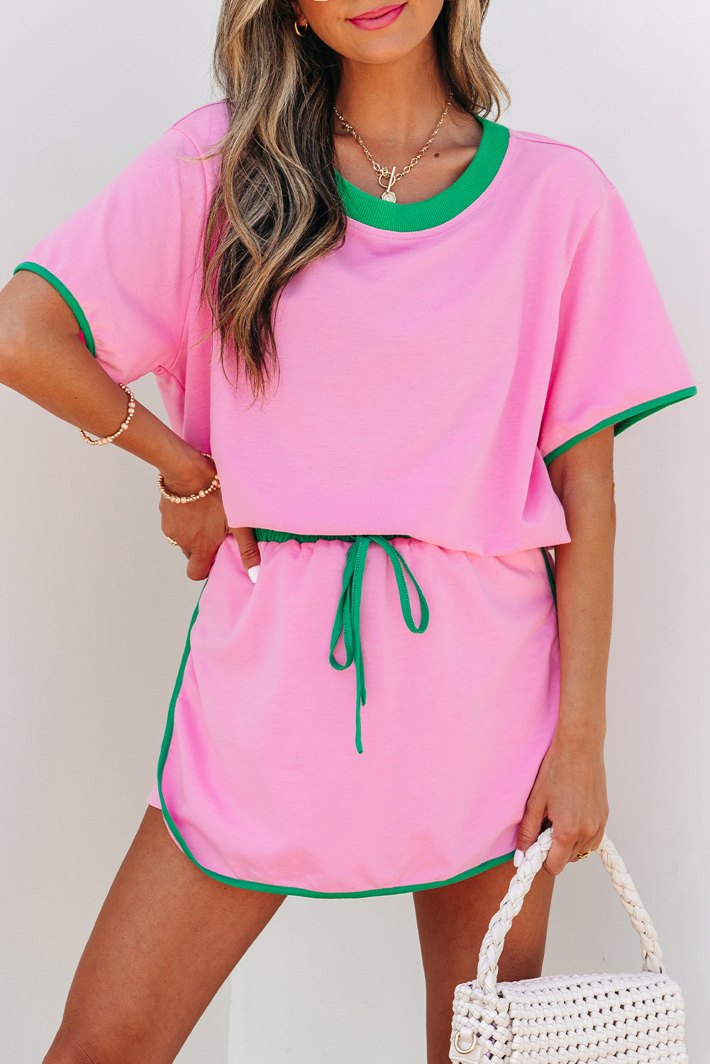 Bonbon Colorblock Edge Drop Shoulder T Shirt and Skort 2Pcs Set Short Sets JT's Designer Fashion