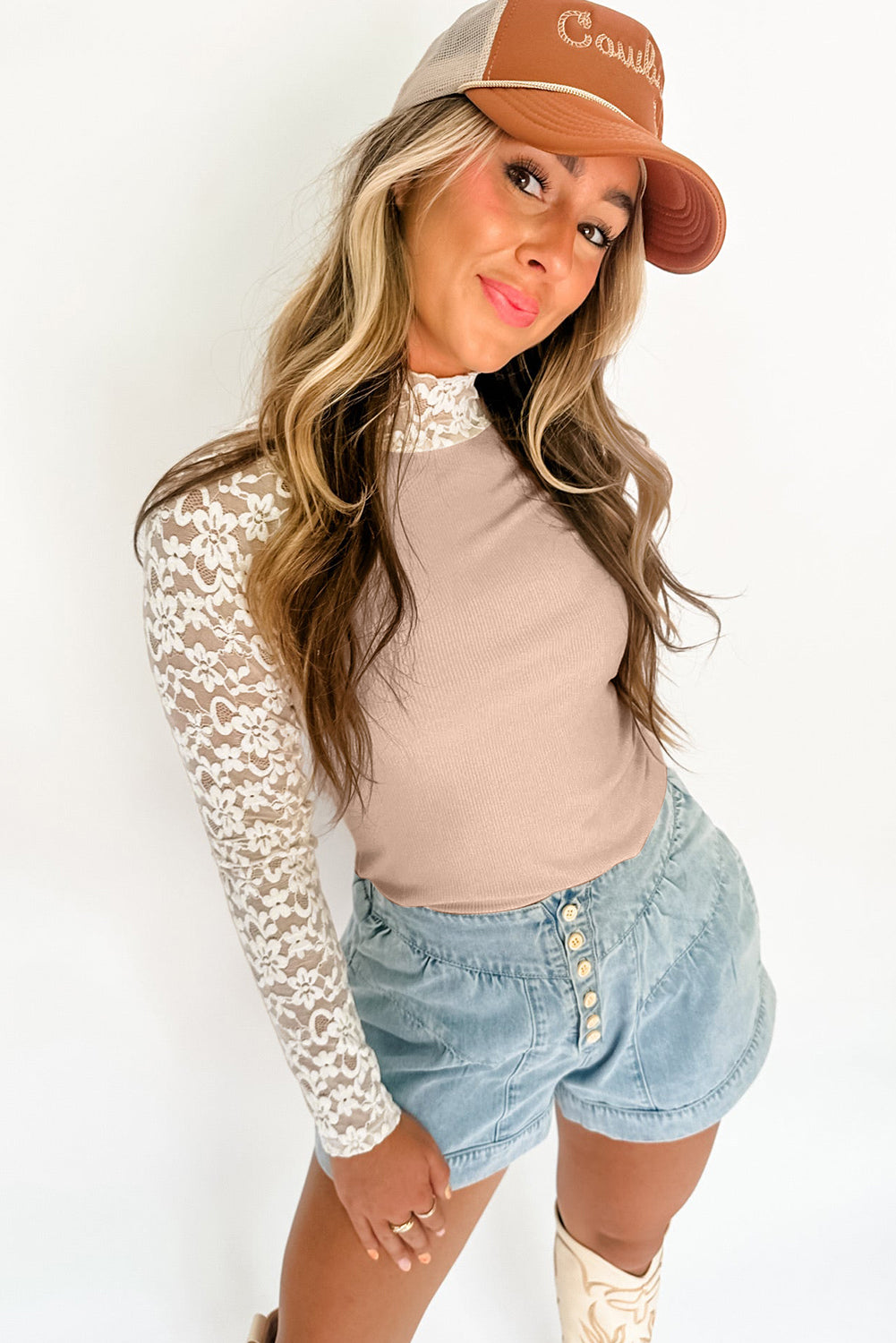 Smoke Gray Floral Lace Patchwork Long Sleeve High Neck Slim Top Long Sleeve Tops JT's Designer Fashion