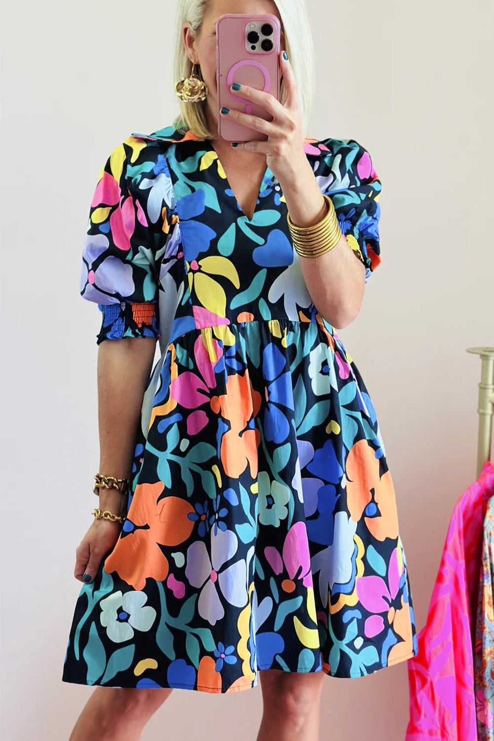 Blue Collared Split Neck Floral Flared Dress Floral Dresses JT's Designer Fashion