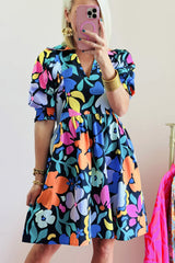 Blue Collared Split Neck Floral Flared Dress Floral Dresses JT's Designer Fashion