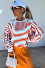 Orange Stripe Drop Shoulder Crew Neck Loose Sweatshirt Sweatshirts & Hoodies JT's Designer Fashion