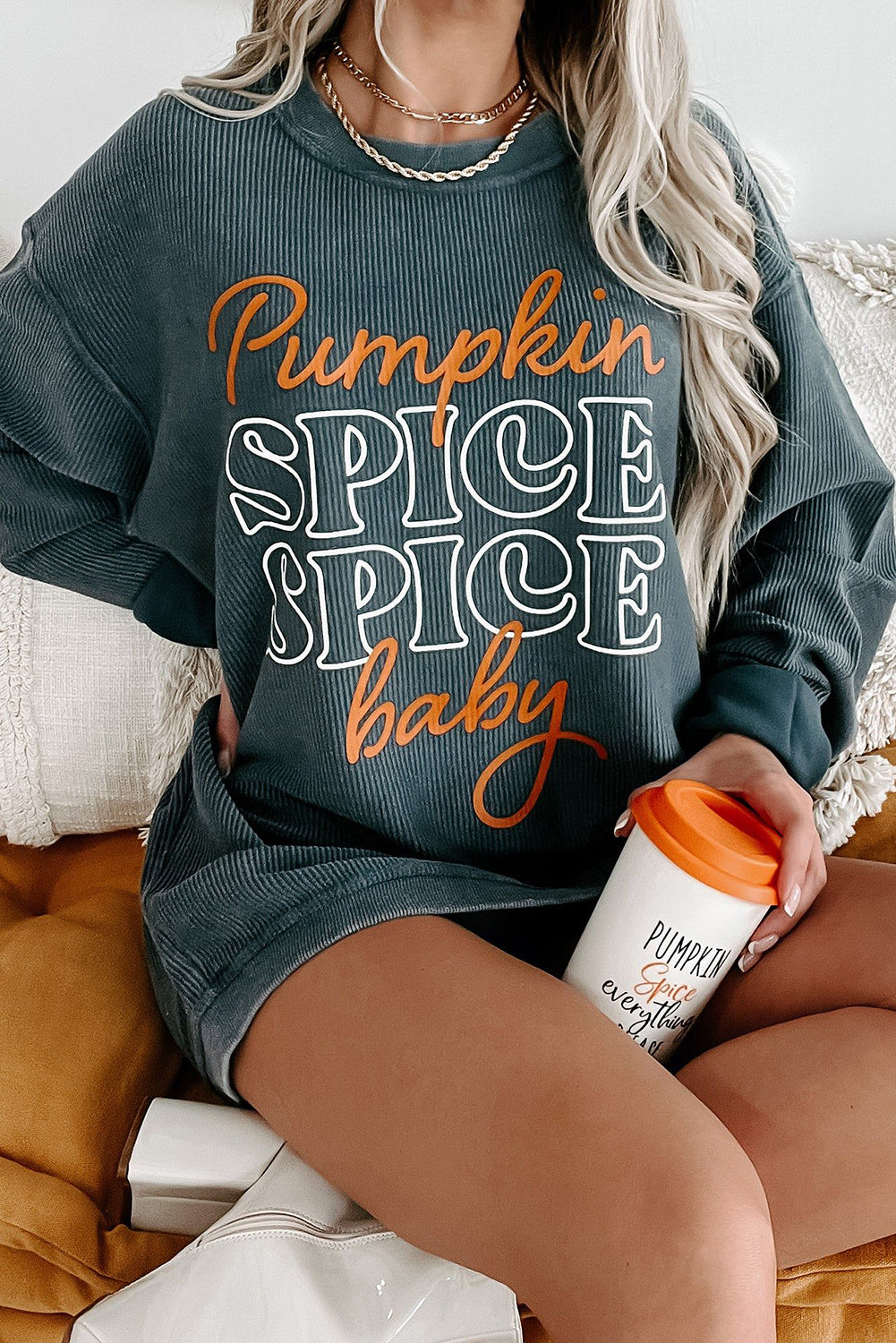 Dark Grey Halloween Pumpkin Spice Baby Graphic Textured Sweatshirt Dark Grey 100%Polyester Graphic Sweatshirts JT's Designer Fashion