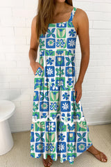 Multicolour Checkered Floral Print Ricrac Trim Casual Pocketed Sleeveless Long Dress Dresses JT's Designer Fashion