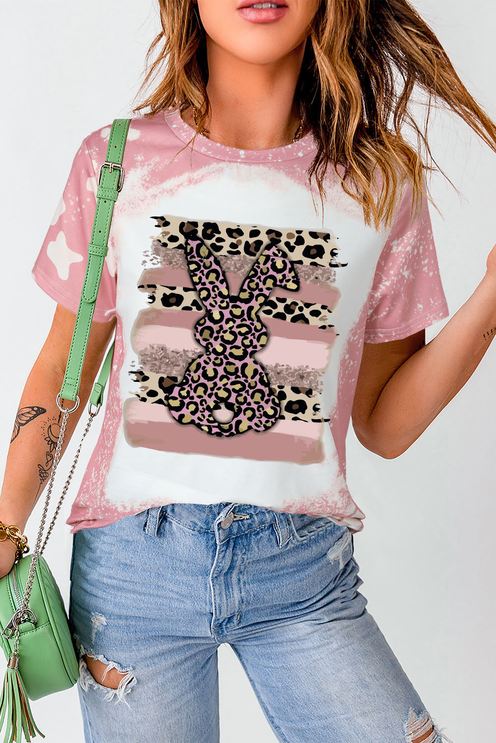 Pink Tie Dye Contrast Leopard Rabbit Graphic T Shirt Graphic Tees JT's Designer Fashion