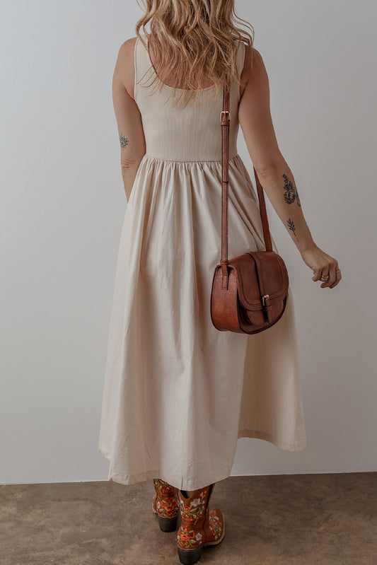 Beige Scoop Neck Ribbed Bodice Pleated Sleeveless Long Dress Maxi Dresses JT's Designer Fashion