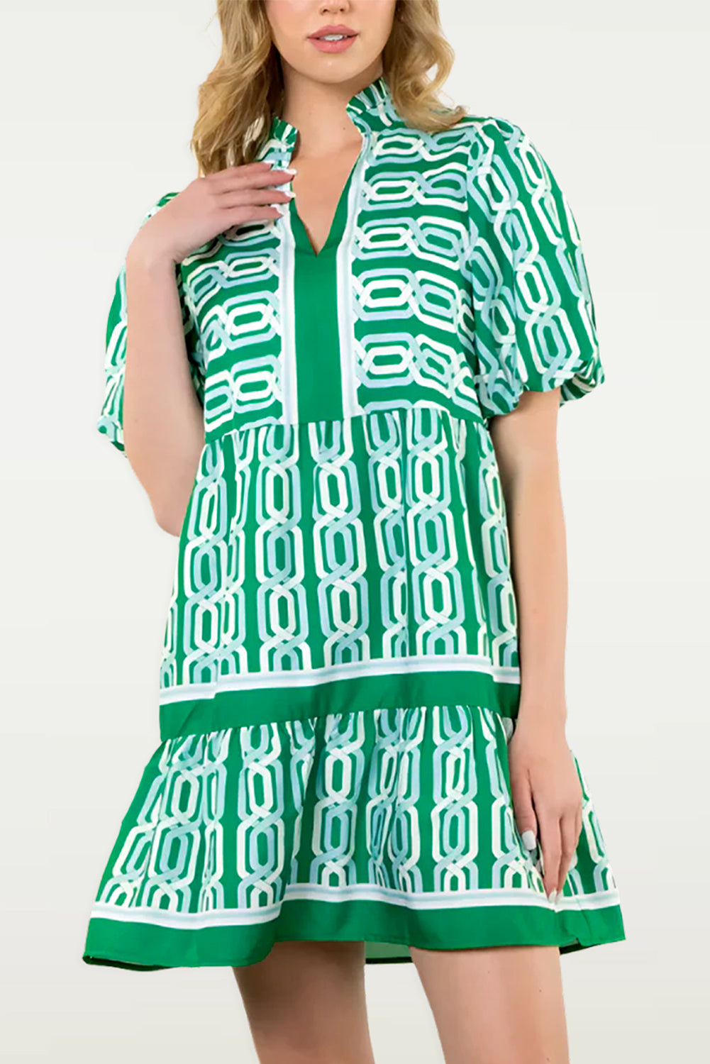 Bright Green Abstract Patterned V Neck Puff Short Sleeve Mini Dress Mini Dresses JT's Designer Fashion