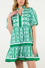 Bright Green Abstract Patterned V Neck Puff Short Sleeve Mini Dress Mini Dresses JT's Designer Fashion