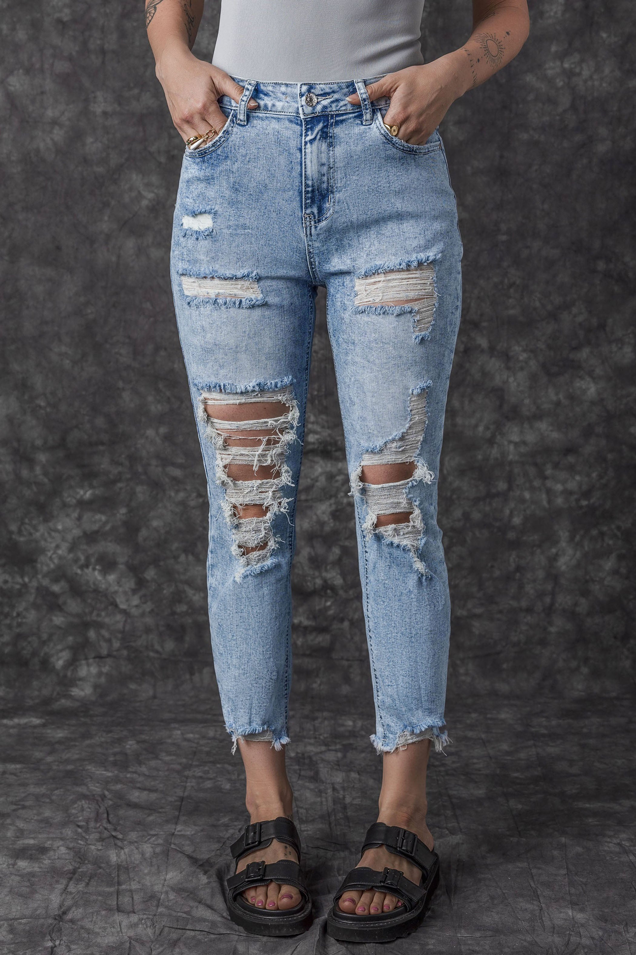 Sky Blue Acid Wash Distressed Slim Fit Jeans Sky Blue 65%Cotton+33%polyester+2%Elastane Jeans JT's Designer Fashion