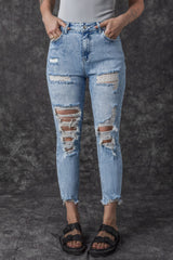 Sky Blue Acid Wash Distressed Slim Fit Jeans Sky Blue 65%Cotton+33%polyester+2%Elastane Jeans JT's Designer Fashion