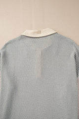 Khaki Textured Colorblock Collared Henley Top Long Sleeve Tops JT's Designer Fashion