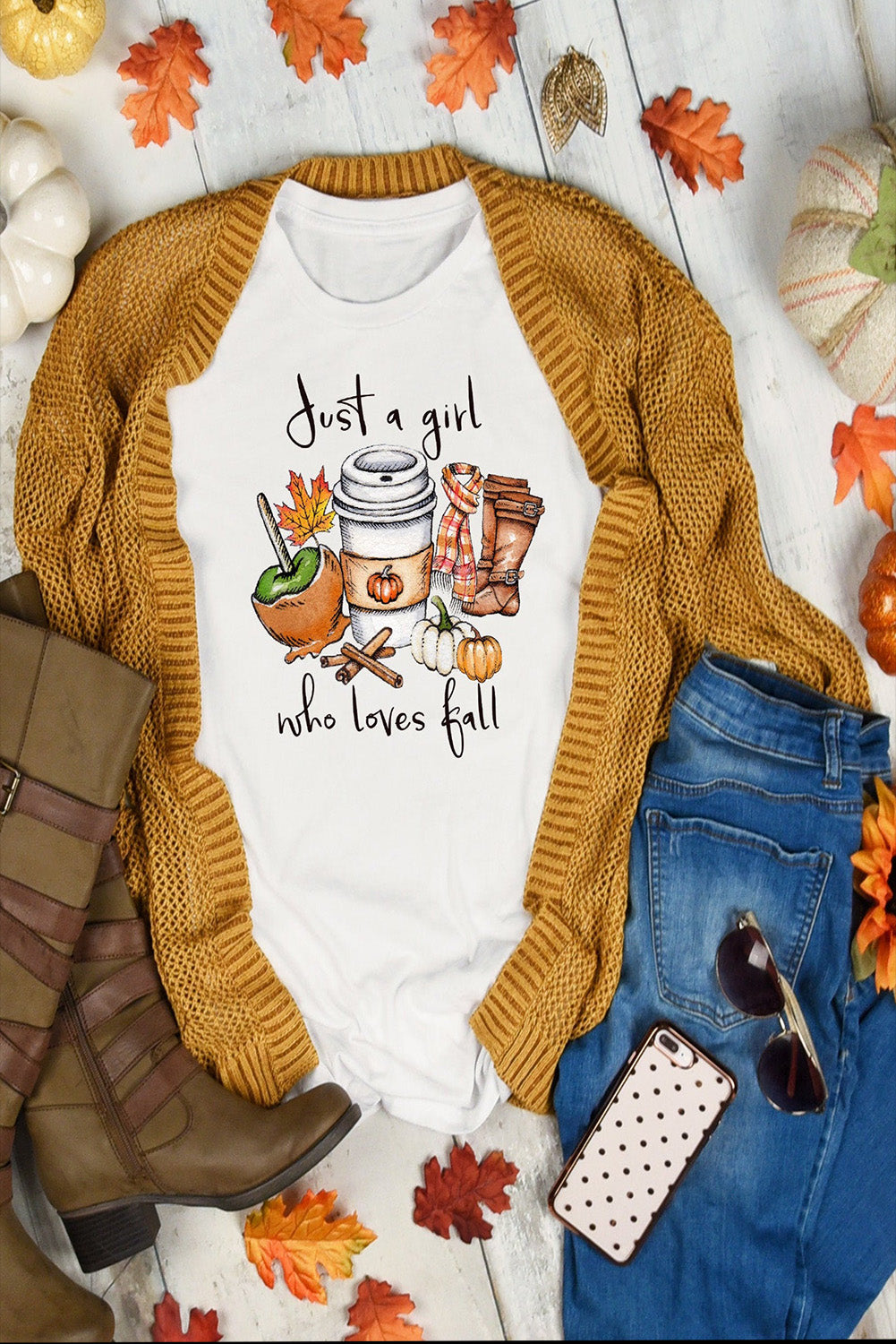 White Just A Girl Who Loves Fall Graphic T Shirt Graphic Tees JT's Designer Fashion