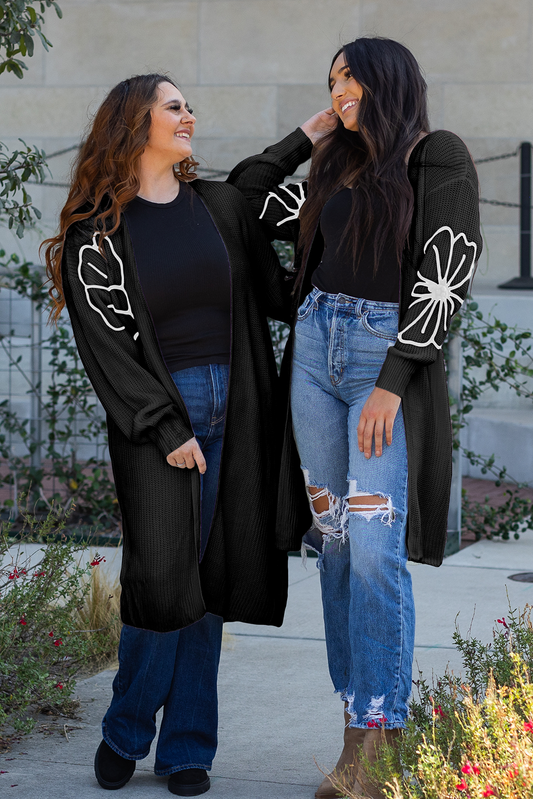 Black Flower Embroidered Drop Shoulder Open Front Duster Cardigan Cardigans JT's Designer Fashion