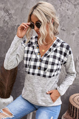 Black Plaid Splicing Pocketed Hoodie Sweatshirts & Hoodies JT's Designer Fashion