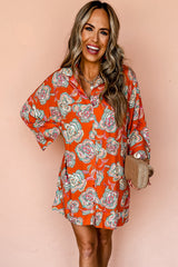 Red Floral Print Lapel Collar Loose Shirt Mini Dress Floral Dresses JT's Designer Fashion