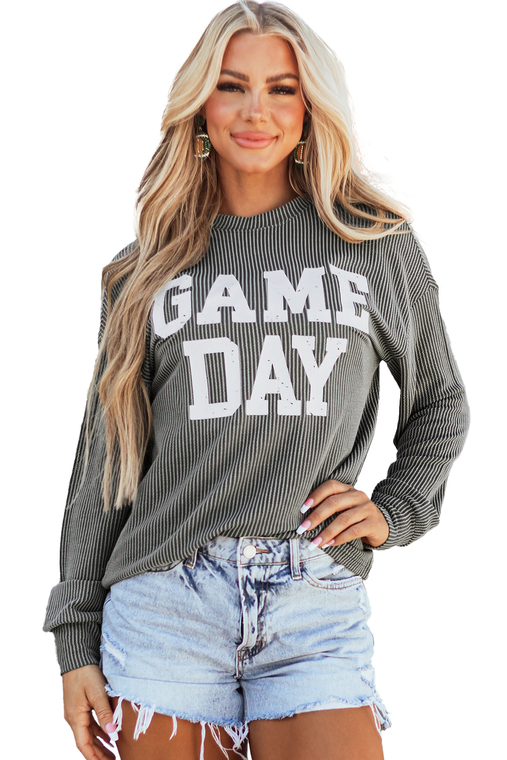 Dark Grey Corded GAME DAY Graphic Long Sleeve Crewneck Top Long Sleeve Tops JT's Designer Fashion