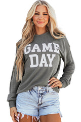 Dark Grey Corded GAME DAY Graphic Long Sleeve Crewneck Top Long Sleeve Tops JT's Designer Fashion