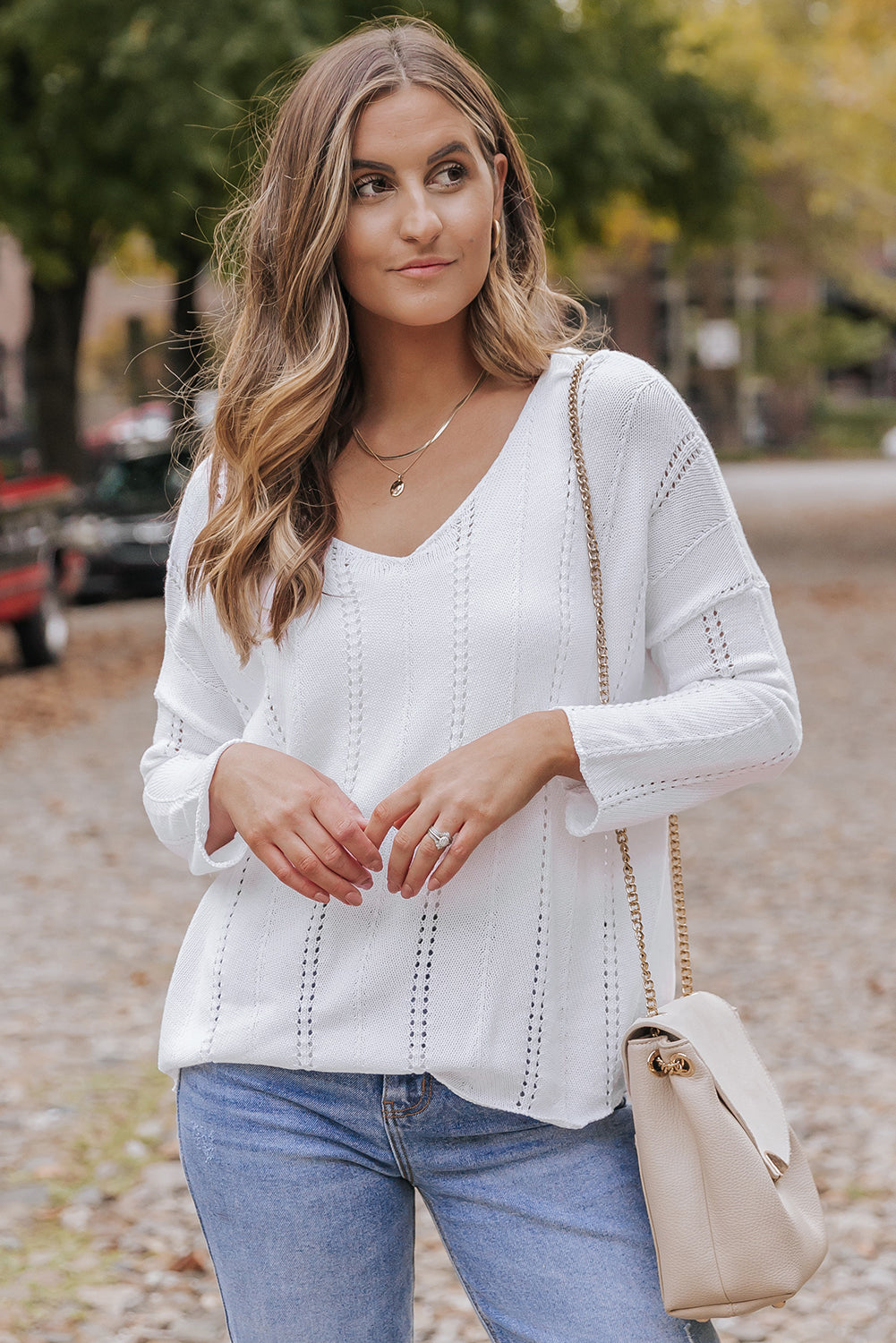 White Hollowed Detail Knitted Loose V Neck Sweater Sweaters & Cardigans JT's Designer Fashion