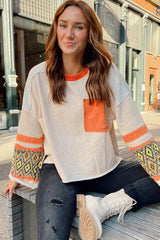 Apricot Western Aztec Patch Mineral Wash Loose Fit Top Long Sleeve Tops JT's Designer Fashion