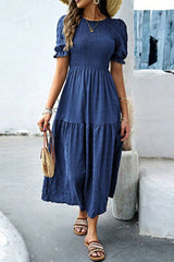 Sail Blue Solid Textured Smocked Puff Short Sleeve High Waist Long Dress Dresses JT's Designer Fashion
