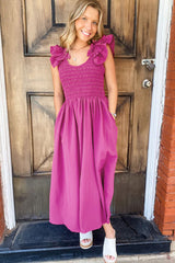 Rose Red Solid Color Ruffled Straps Smocked Ruched Long Dress Maxi Dresses JT's Designer Fashion