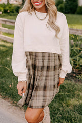 Beige Plaid Patchwork High Waist Sweatshirt Mini Dress Mini Dresses JT's Designer Fashion