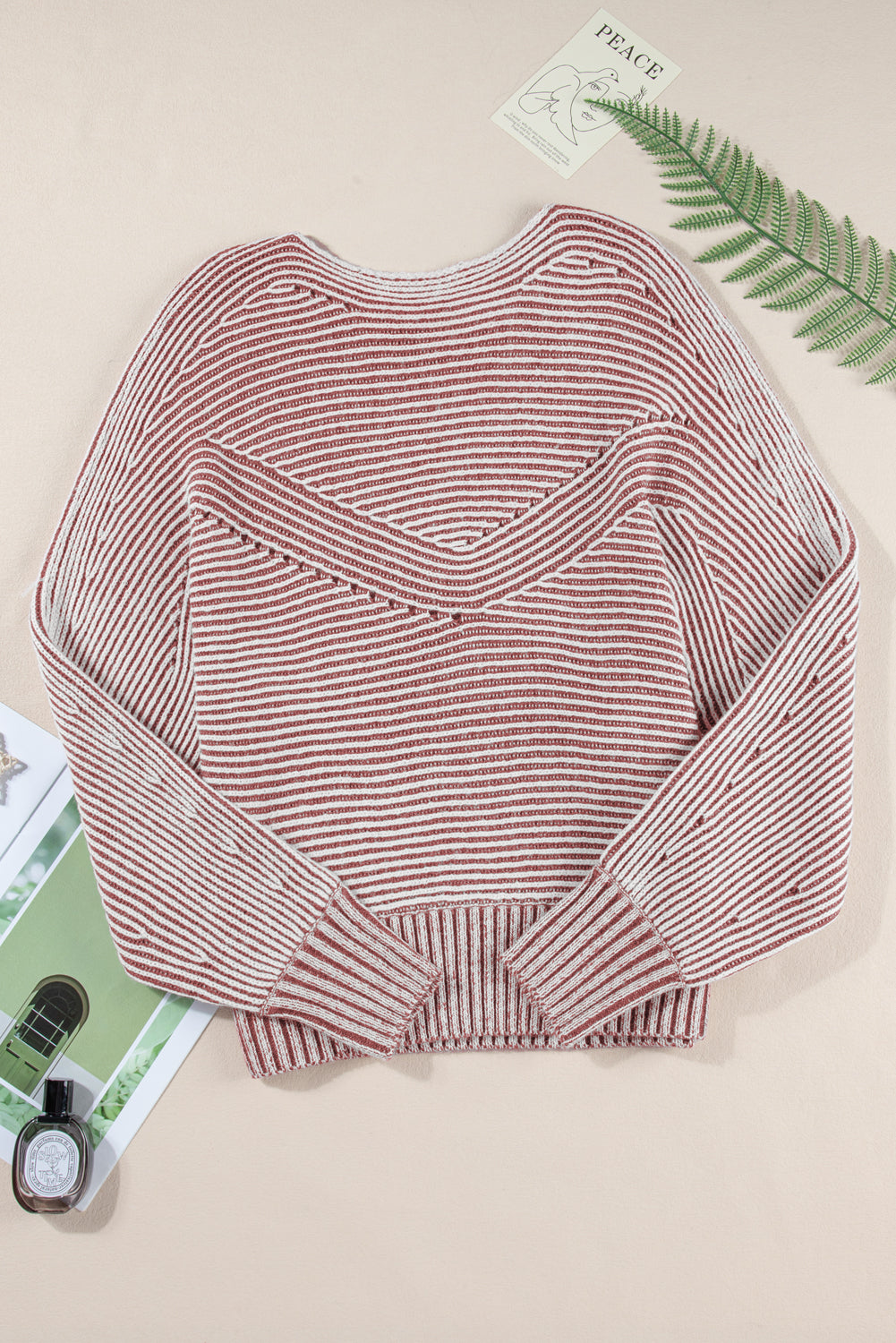 Red Dahlia Striped Print Ribbed Knit Boat Neck Baggy Sweater Sweaters JT's Designer Fashion