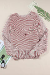 Red Dahlia Striped Print Ribbed Knit Boat Neck Baggy Sweater Sweaters JT's Designer Fashion