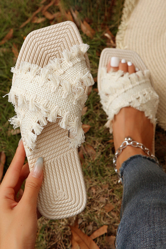 Beige Tassel Woven Crossed Straps Flat Slippers Slippers JT's Designer Fashion