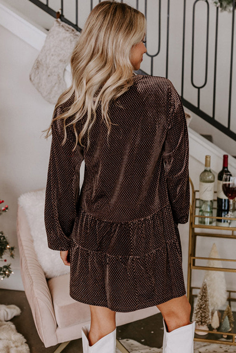 Dark Brown Textured Velvet V Neck Shift Dress Mini Dresses JT's Designer Fashion