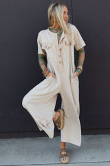 Jet Stream Half Placket Chest Pockets Short Sleeve Wide Leg Jumpsuit Bottoms JT's Designer Fashion