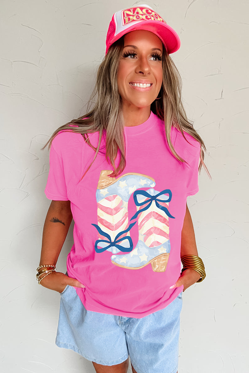 Sachet Pink Flag Pattern Boots Bow Accent Casual Graphic Tee Graphic Tees JT's Designer Fashion