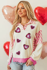 Pink Stripe Patchwork Sequin Heart Pattern Long Sleeve Collared Split Top Graphic Sweatshirts JT's Designer Fashion