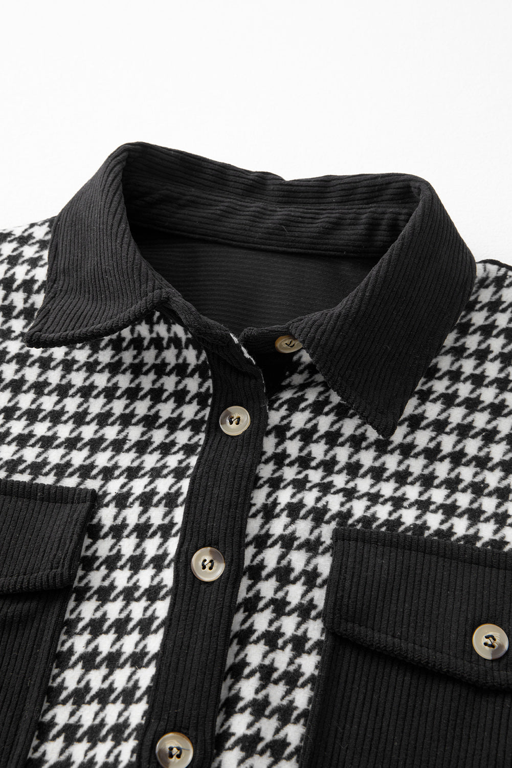 Black Houndstooth Corduroy Patchwork Flap Pocket Shacket Jackets JT's Designer Fashion