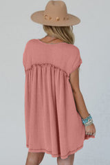 Dusty Pink Corded Knit Textured Patched Pocket Frilled Swing Mini Dress with Pockets Mini Dresses JT's Designer Fashion