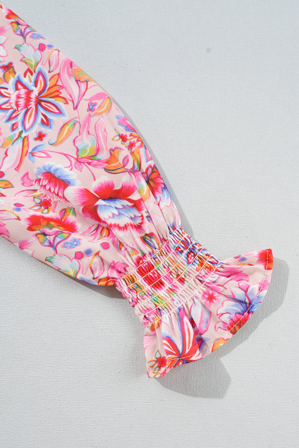 Oatmeal Floral Printed Patchwork Smocked Lantern Sleeve Knit Top Sweaters JT's Designer Fashion