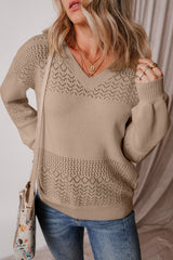 Camel Eyelet Pattern Detail V Neck Drop Shoulder Sweater Sweaters JT's Designer Fashion
