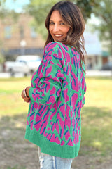 Green Abstract Print Ribbed Trim Baggy Sweater Sweaters JT's Designer Fashion