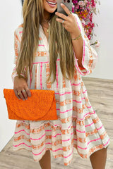 Orange Bohemian Printed Bracelet Sleeve Slit Neck Ruffled Loose Dress Mini Dresses JT's Designer Fashion